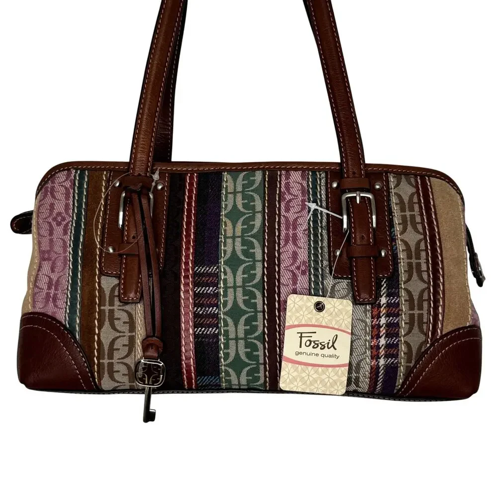 Fossil Signature Patchwork Double Handle Satchel Bag NWT Y2K Multicolor